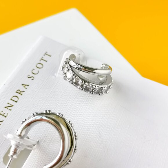 Kendra Scott Livy Silver White Crystal Huggie Earrings Dainty - Picture 2 of 3